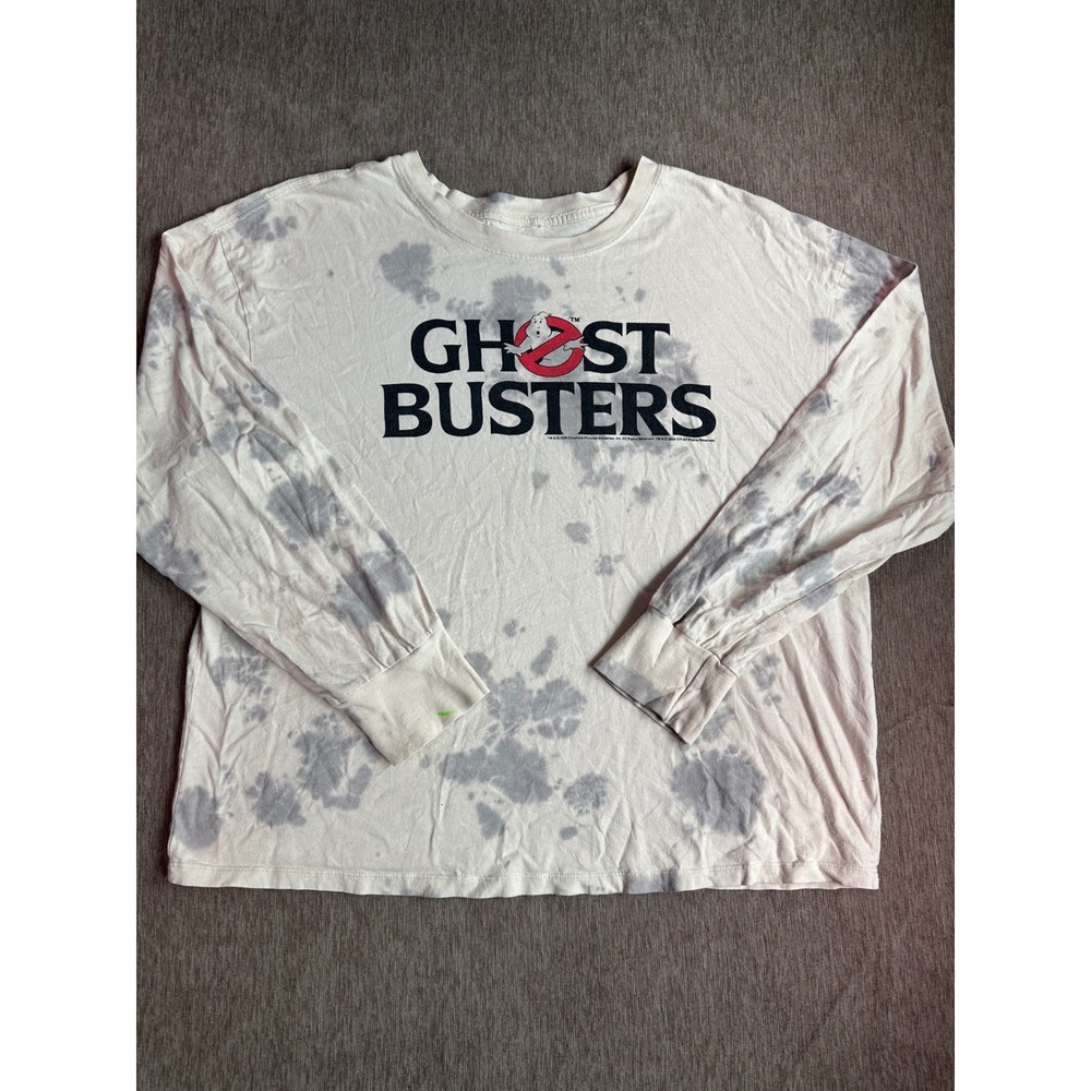 Ghostbusters Graphic Long Sleeve T-Shirt Acid Wash Tie Dye Cream Gray Mens XL